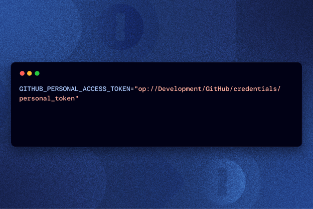 Terminal window showing a command that sets a GitHub personal access token environment variable using 1Password CLI syntax.